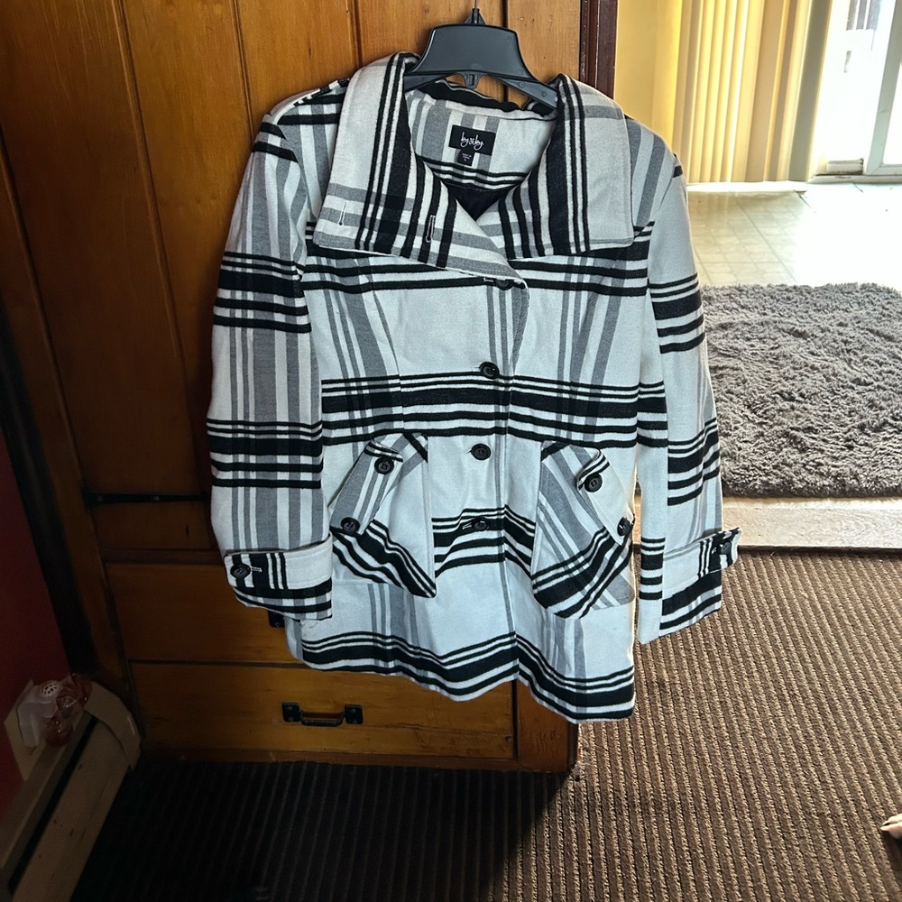 bebe Black and White Plaid Pea Coat